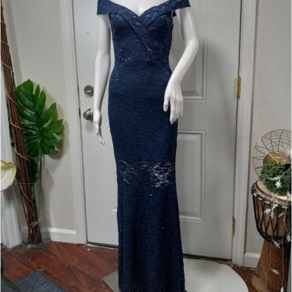NWOT Quiz Bardot Embellished Sequin Cocktail Formal Prom Gown Navy Blue 4 - Picture 2 of 12
